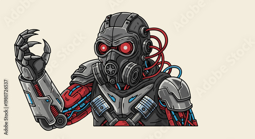 Cybernetic warrior with glowing red eyes and intricate mechanical limbs
