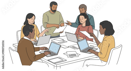 Diverse team meeting, business people collaboration, office teamwork, laptop users