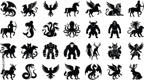 Collection of black mythical creatures and mythological figures are silhouetted against a white background.
