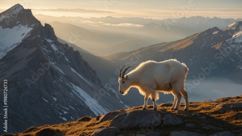 Mountain goat standing on rocky terrain during sunset, with majestic mountain range in background