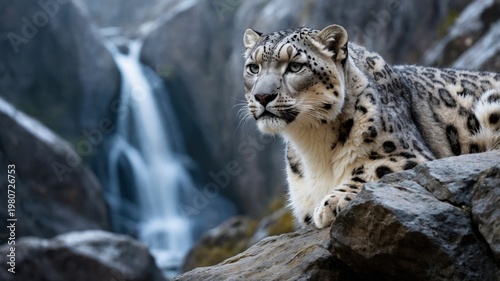 Snow leopard resting on rocky terrain near a cascading waterfall in a serene mountain landscape