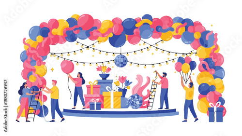 Festive Decorators: A lively scene unfolds as individuals collaborate to decorate for a vibrant celebration, complete with balloons, gift boxes, and festive lights.