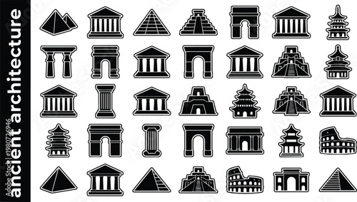 Collection of iconic ancient architectural structures from around the world are presented as stylized black and white icons.