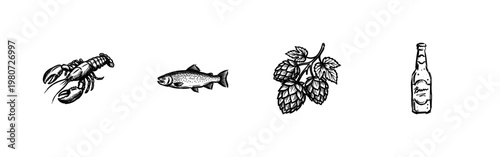 Craft Beer Elements and Seafood Gastronomy with Hand-Drawn Inky Brushwork and Detailed Painterly Textures