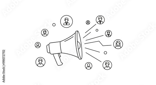 Megaphone, social media icons, communication symbols, vector graphics