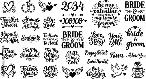 Elegant calligraphy typography designs feature romantic phrases and wedding related text.