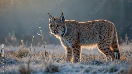 Majestic lynx standing in a frosty field at sunrise, showcasing its beauty in a serene winter landscape
