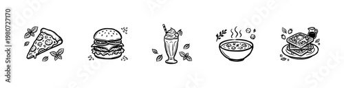 Restaurant Food and Cafe Beverage Menu Elements with Fluid Ink Brush Strokes in Hand-Drawn Painterly Style