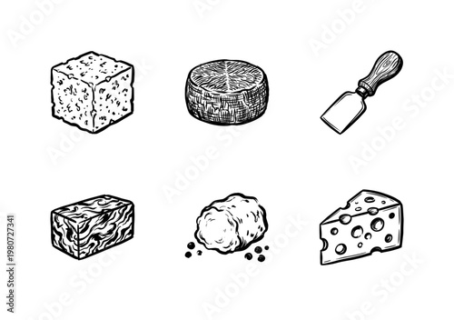 Artisan Cheese Varieties and Gourmet Dairy Products with Hand-Drawn Inky Brushwork and Calligraphic Fluid Ink Strokes