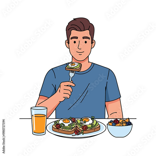 Man eating breakfast with toast eggs.