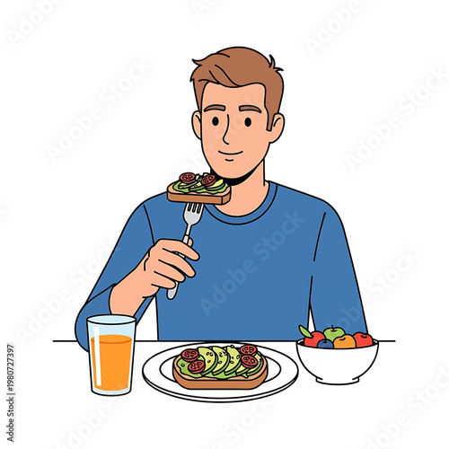 Man eating toast with avocado.