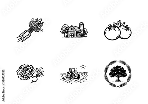 Organic Farm Products and Eco Food Labels with Hand-Drawn Ink Brush Strokes and Vintage Green Graphic Elements