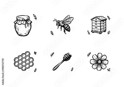 Honey Production and Beekeeping Elements with Hand-Drawn Inky Brushwork and Organic Calligraphic Outlines
