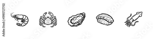 Seafood Assortment and Japanese Cuisine Delicacies with Hand-Drawn Inky Brushwork and Textured Ink Wash Style