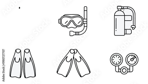 Essential Scuba Diving Equipment: A collection of essential scuba diving equipment illustrated.  A clear depiction of gear needed to explore the underwater world.