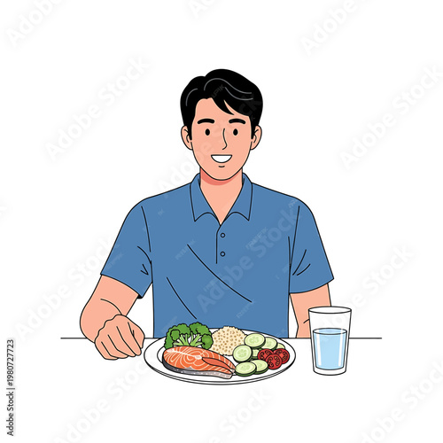 Man eating healthy meal with smile.