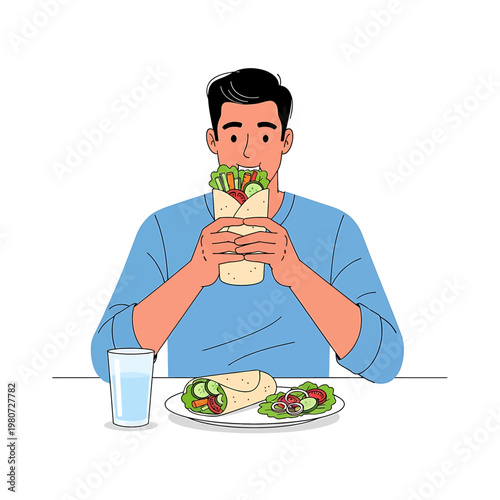 Man eating a wrap sandwich.