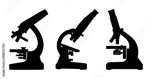 Microscopes set with laboratory silhouette depicting dark outline featuring science, research, equipment with laboratory and microscopy