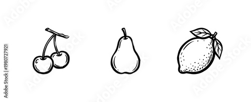 Assorted Fresh Fruits and Orchard Harvest Elements with Inky Brushwork and Hand-Drawn Painterly Aesthetic