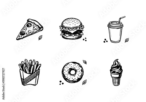 Fast Food and Takeaway Menu Items with Hand-Drawn Ink Brush Strokes and Vintage Textured Linework