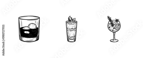 Classic Cocktails and Refreshing Summer Drinks with Artistic Ink Brush Strokes and Hand-Drawn Chalkboard Aesthetic