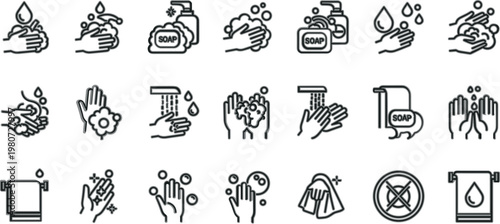 Hand washing hygiene icon collection with soap, sanitizer and cleaning symbols, line vector set for health, safety, sanitation and personal hygiene awareness design