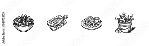 Seafood Platter and Pub Food Appetizers with Hand-Drawn Inky Brushwork and Organic Painterly Textures