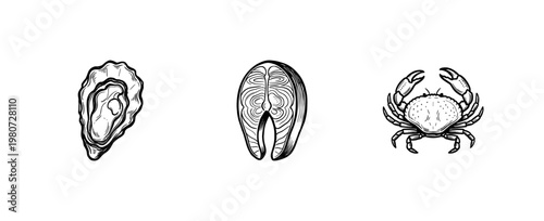 Seafood Assortment and Fresh Fish Market Ingredients with Inky Hand-Drawn Brushwork and Organic Painterly Textures