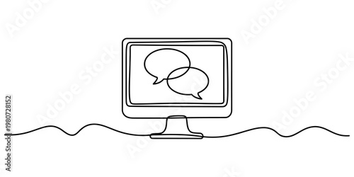 A single line drawing illustration of a desktop computer monitor with two speech bubble icons. Vector, illustration