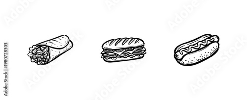 Fast Food Favorites and Popular Junk Food Meals with Inky Brushwork and Hand-Drawn Painterly Style