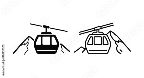 Minimalist illustration of two cable car designs against a mountain backdrop