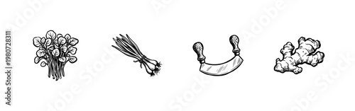 Culinary Herbs and Aromatic Spices Kitchen Ingredients with Fluid Ink Brush Strokes and Hand-Drawn Painterly Style