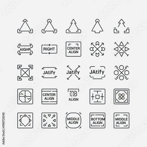 Collection of alignment and layout icons for center, left, right, top, and bottom positioning in a grid.
