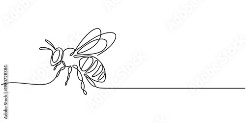 A single continuous line drawing of a honey bee flying across a plain white background surface. Vector, illustration