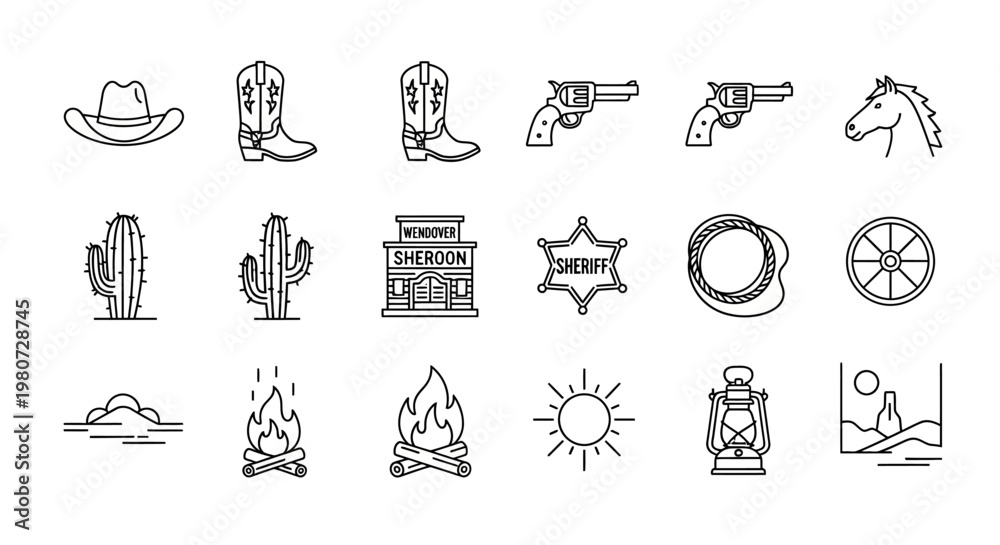 Fototapeta premium Cowboy Western Icon Set Minimal Outline Festival Desert Vector Collection