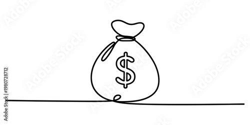 A single continuous line drawing of a simple money bag sack with a dollar sign symbol in center Vector, illustration