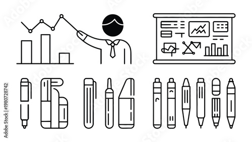 Business Presentation Elements: A curated collection of essential business presentation elements, featuring an illustrative scene of charts, graphs.