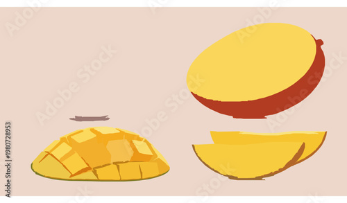 Realistic mango fruit illustration with juicy slices and whole tropical fruit isolated on white background