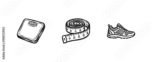 Weight Loss and Fitness Wellness Elements with Hand-Drawn Inky Brush Strokes and Organic Fluid Lines