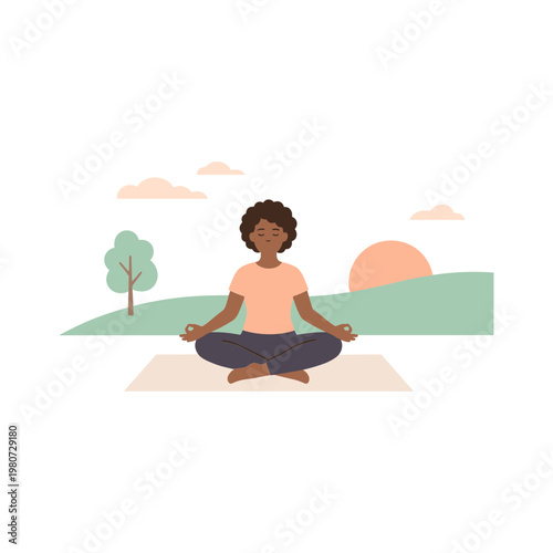 Woman practices yoga on a mat in a serene outdoor nature setting at sunset.