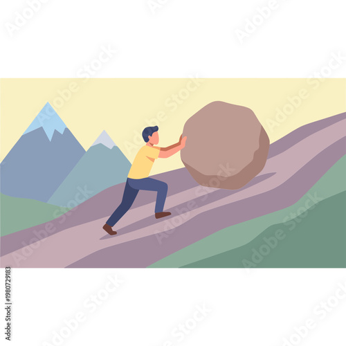 Man pushing large boulder up steep mountain road with snow-capped peaks