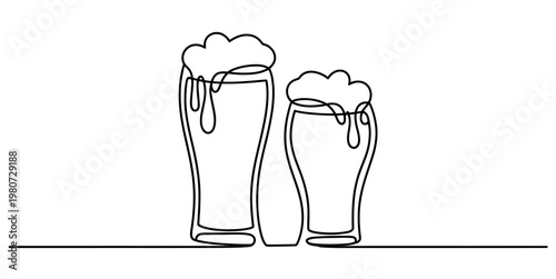 Minimalist continuous line drawing of two glasses of beer with frothy foam in a simple style Vector, illustration