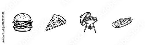 Fast Food and Backyard Barbecue Party Elements with Hand-Drawn Inky Brush Strokes and Expressive Calligraphic Outlines