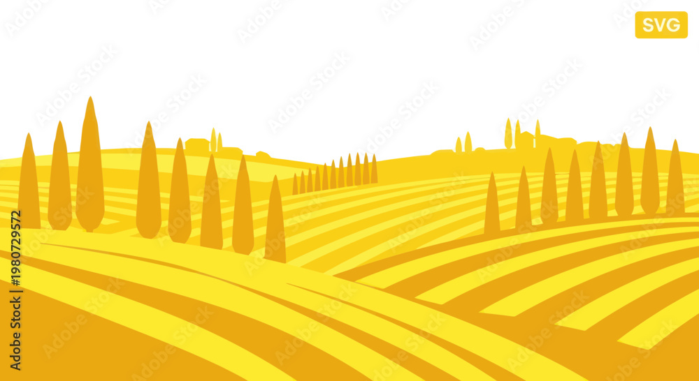 Obraz premium Tuscan Landscape with Cypress Trees and Rolling Hills, Vector Illustration
