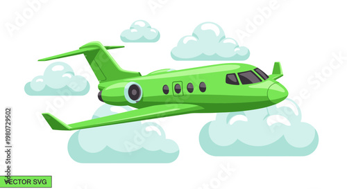 Green Private Jet Flying Through Clouds