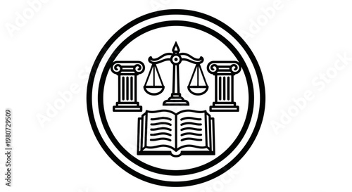 Justice Symbol: Scales of Justice, Open Book, and Pillars of Law in a Circle