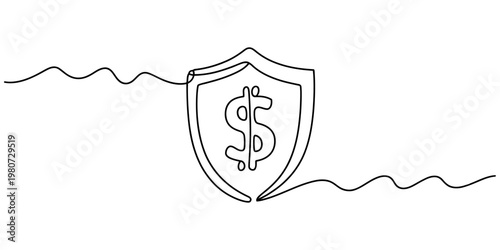 A single continuous line drawing of a protective shield icon featuring a dollar sign in center. Vector, illustration
