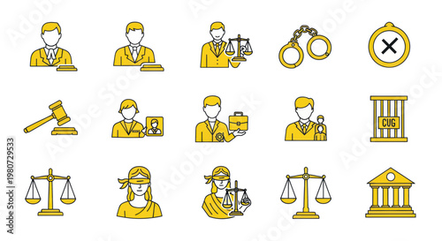 Legal Icons Set: Justice, Law, Court, Crime, and Judgment Symbols