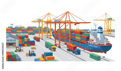 Isometric port container loading vector illustration with ship cranes trucks and forklifts isolated on white background
