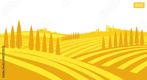 Tuscan Landscape with Cypress Trees and Rolling Hills, Vector Illustration